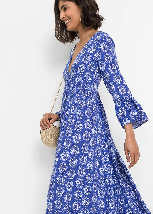 Vestido con aspecto de craftán Azul gema estampado