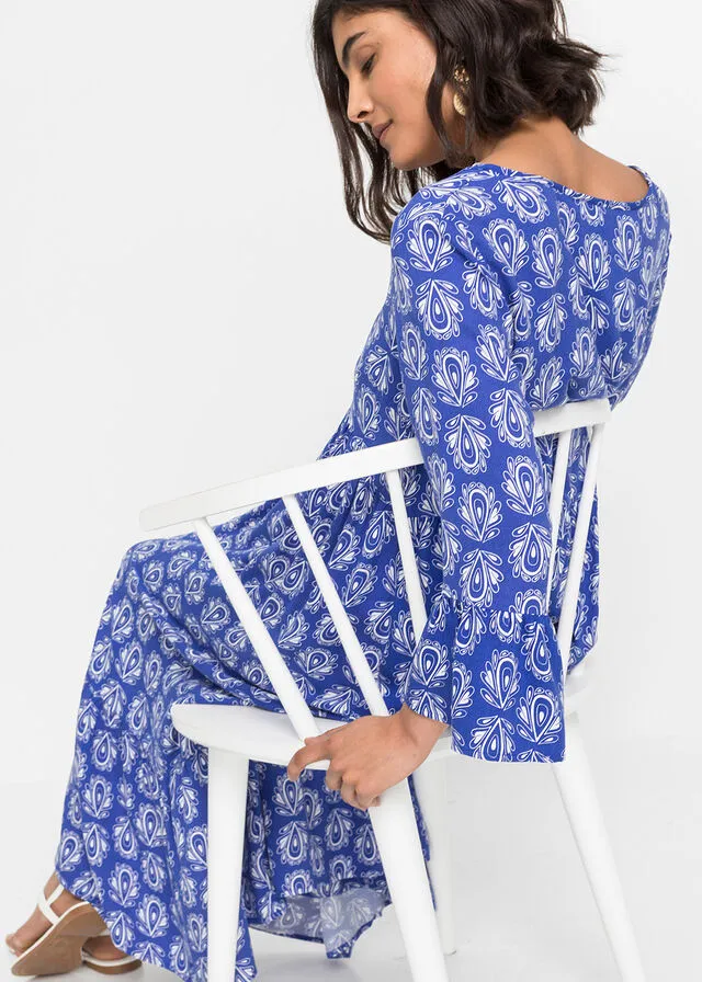 Vestido con aspecto de craftán Azul gema estampado