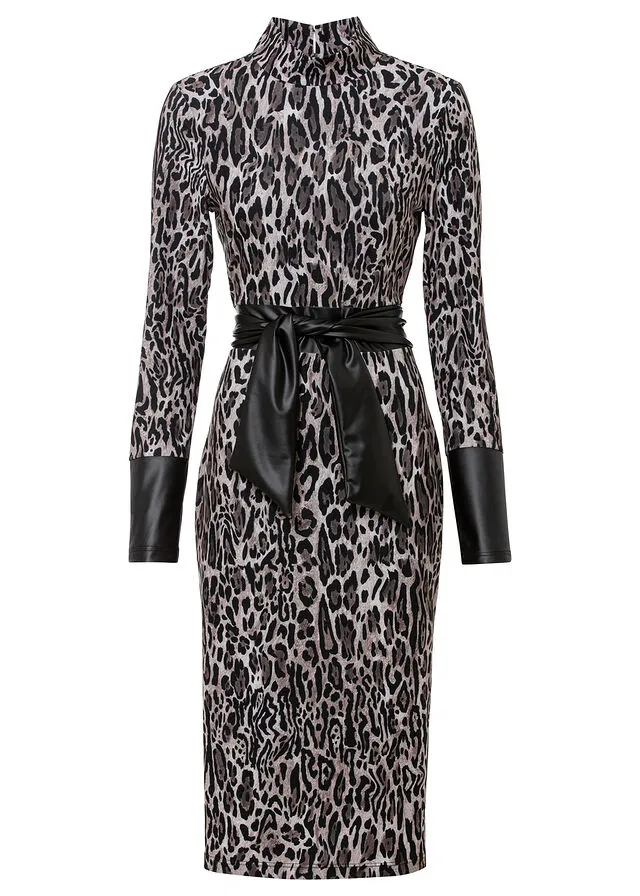 VESTIDO NEGROGRIS OSCURO CON ESTAMPADO DE LEOPARDO