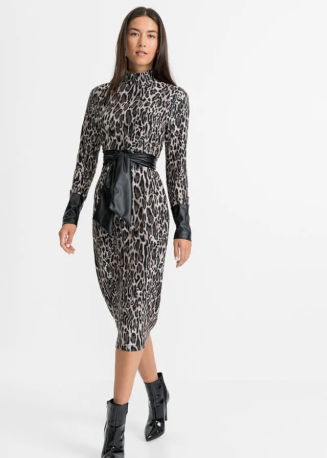 VESTIDO NEGROGRIS OSCURO CON ESTAMPADO DE LEOPARDO