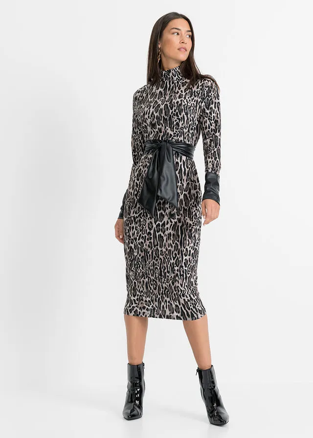 VESTIDO NEGROGRIS OSCURO CON ESTAMPADO DE LEOPARDO