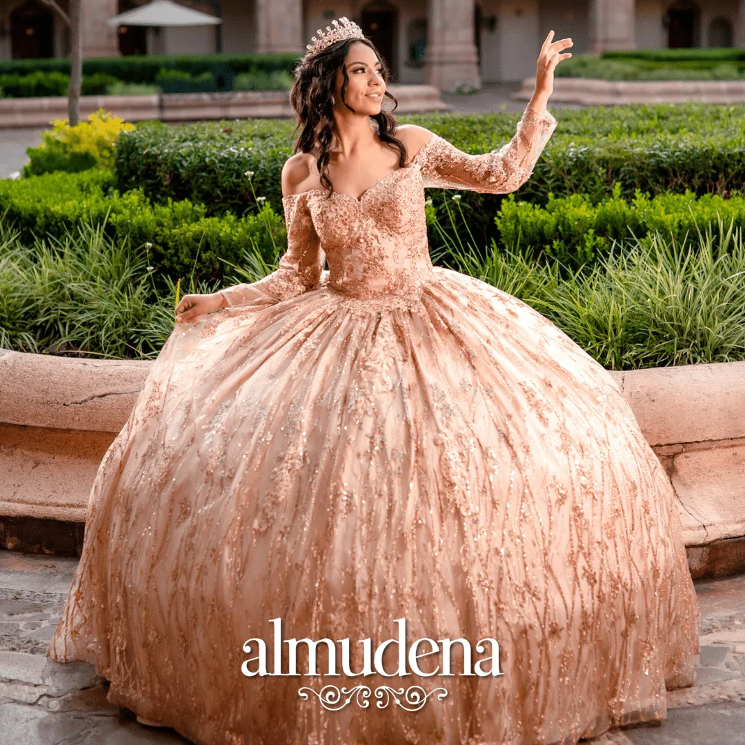 Vestido para Quinceañera Rosa Sin Hombros Manga Larga Elegante