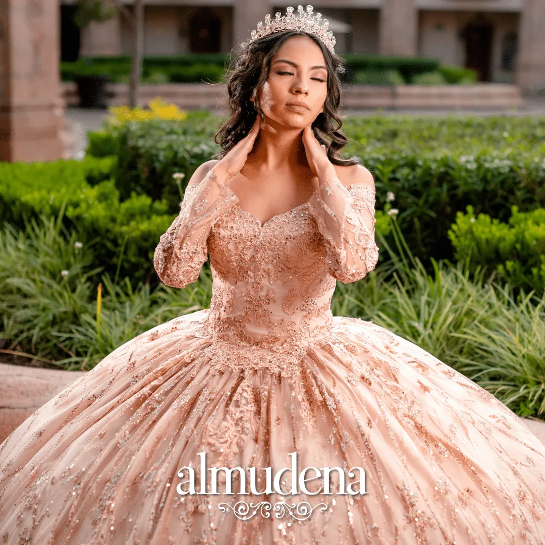 Vestido para Quinceañera Rosa Sin Hombros Manga Larga Elegante