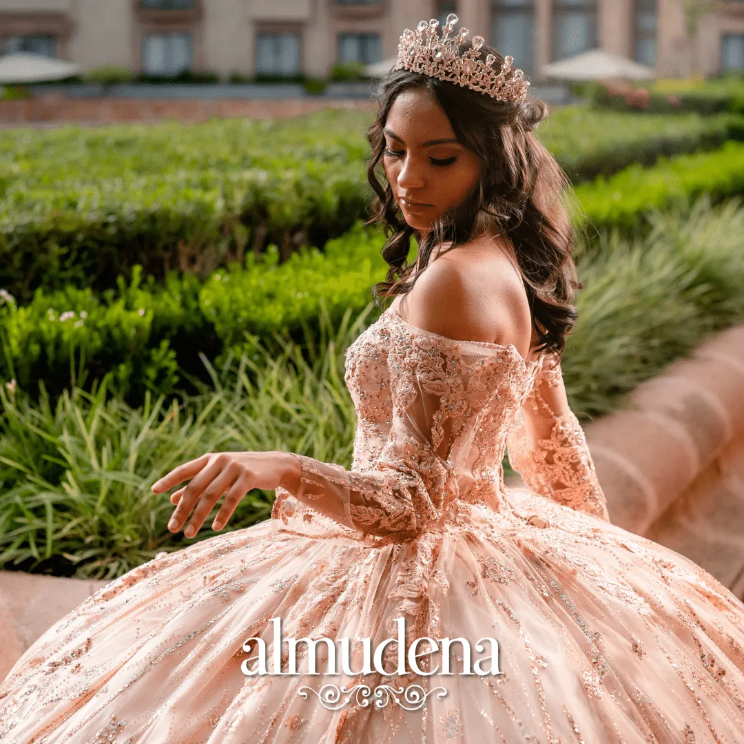 Vestido para Quinceañera Rosa Sin Hombros Manga Larga Elegante