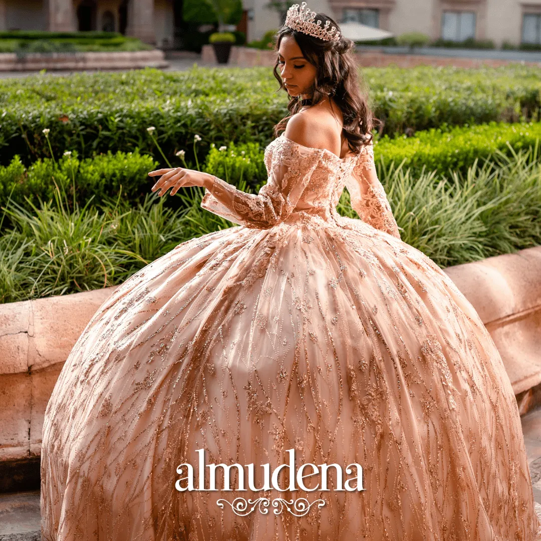 Vestido para Quinceañera Rosa Sin Hombros Manga Larga Elegante