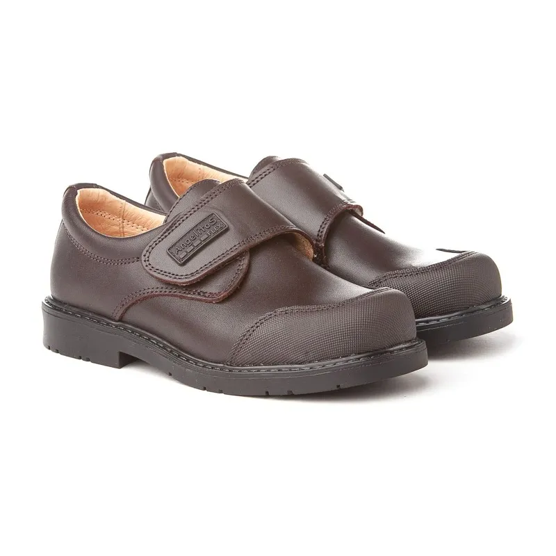 Zapatos Colegiales Niño Piel Puntera Reforzada Velcro 452 Chocolate, de Angelitos